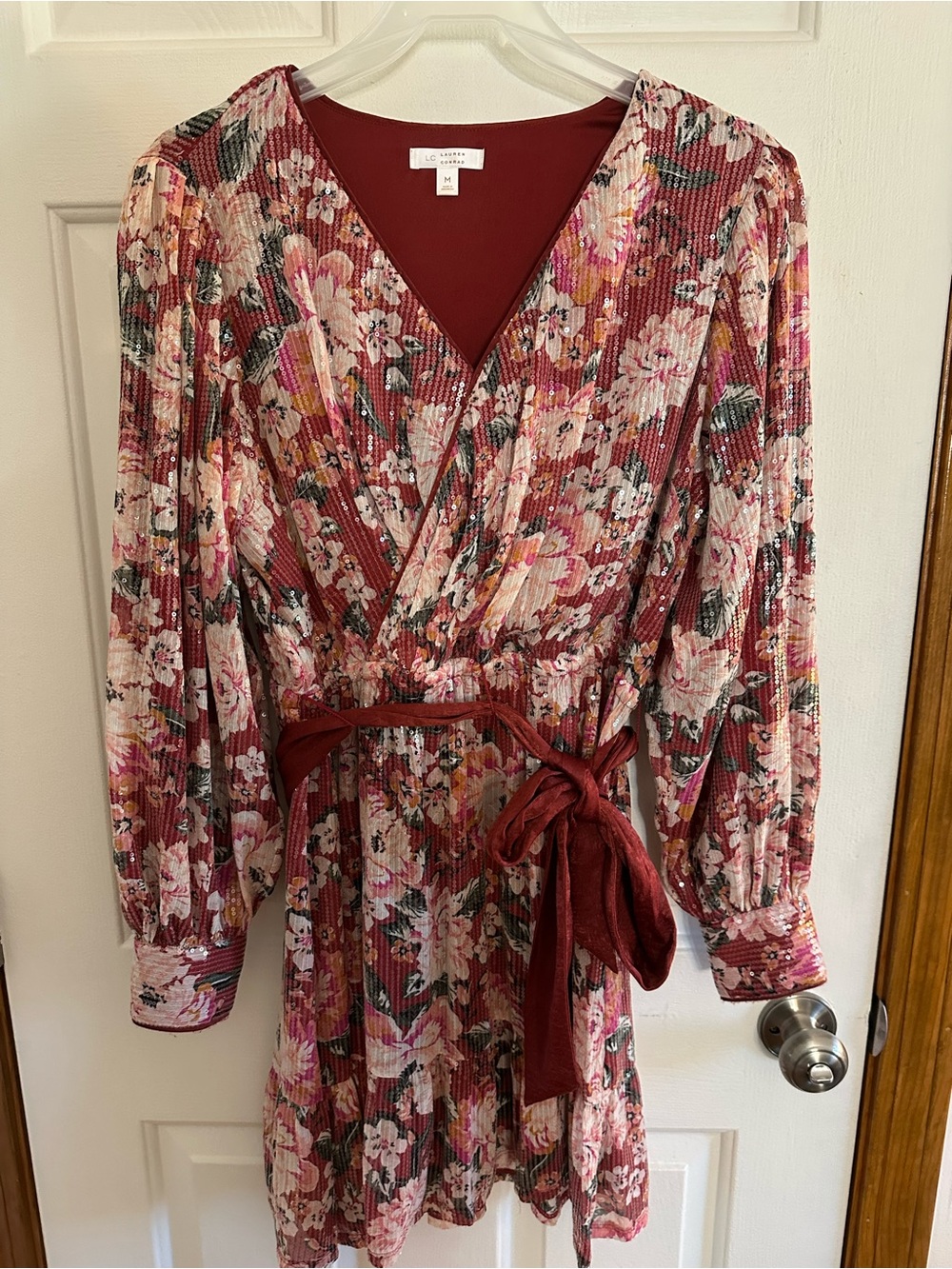 LC Lauren Conrad Floral Wrap Mini Dress in Burgundy and Pink